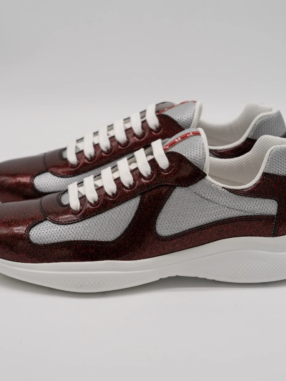 Prada America's Cup Men's Sneakers Burgundy Patent Leather Fabric Glitter 9 US